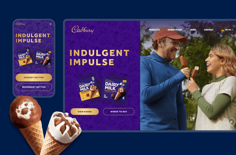 Promotional digital banners for Cadbury ice cream featuring "Indulgent Impulse" messaging and product shots.