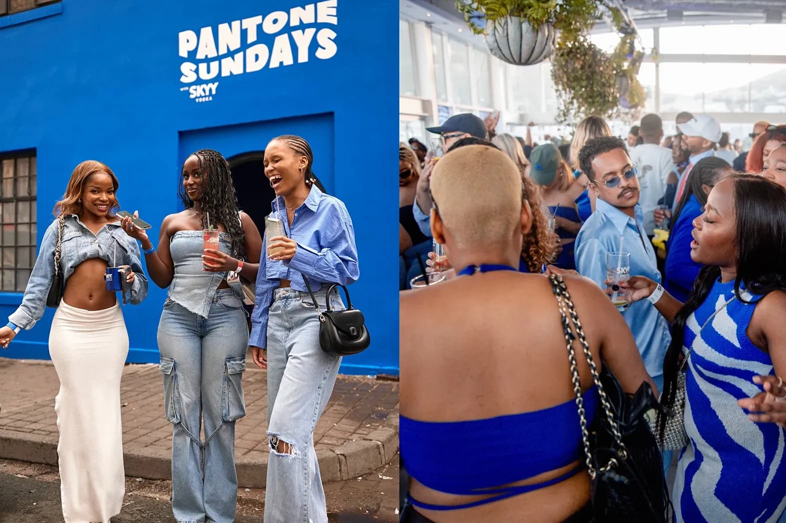 Three smiling women holding drinks in front of a blue "Pantone Sundays with Skyy Vodka" branded wall.