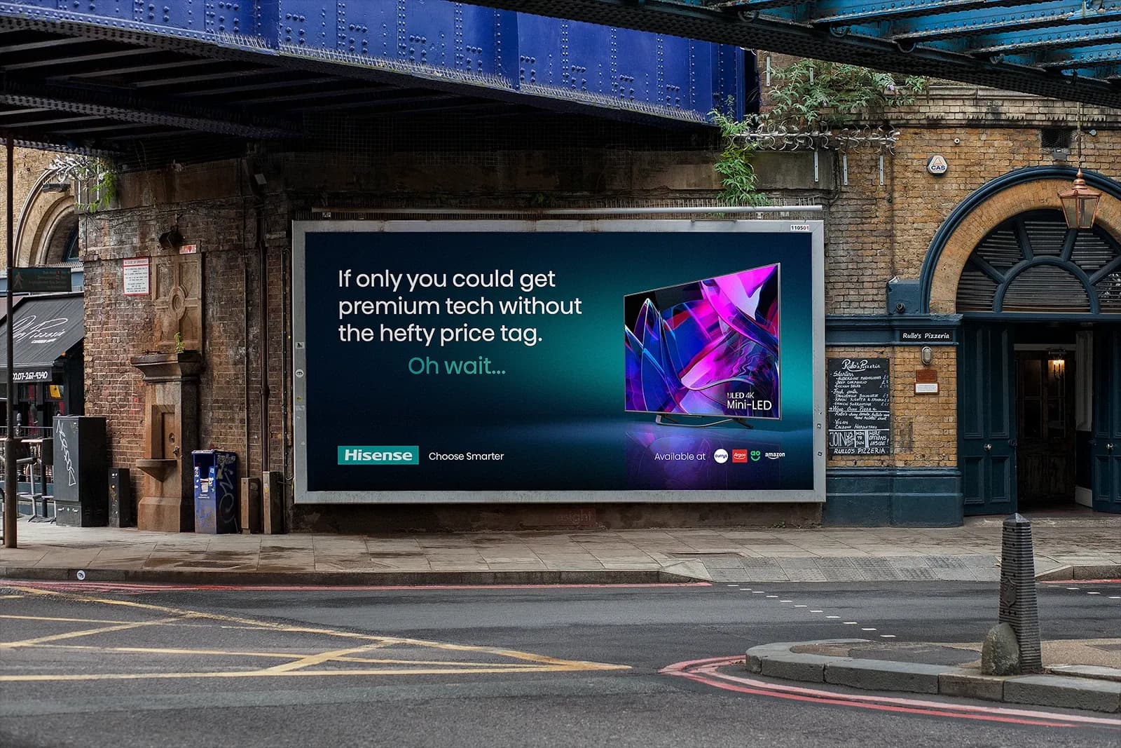 Outdoor street billboard advertising Hisense ULED 4K Mini-LED TVs with the text "Premium tech without the hefty price tag."