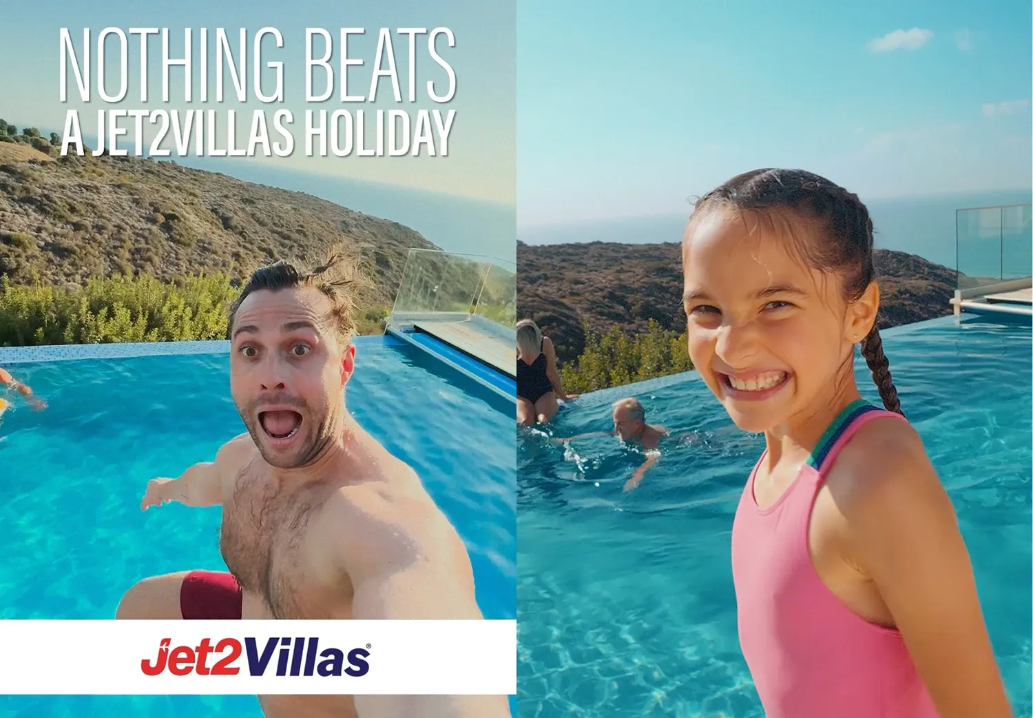 Vertical split image of a man jumping and a girl smiling in a pool with text "Nothing beats a Jet2Villas holiday".