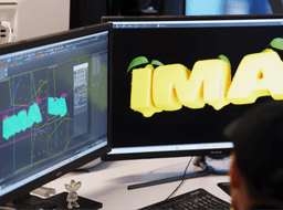 Close-up of dual computer monitors displaying graphic design and video editing software in a dark studio.