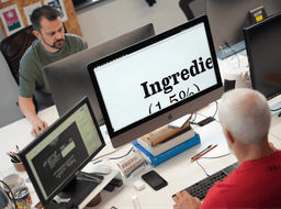 A professional focusing on a large computer screen displaying typography in a busy Dubai workspace.