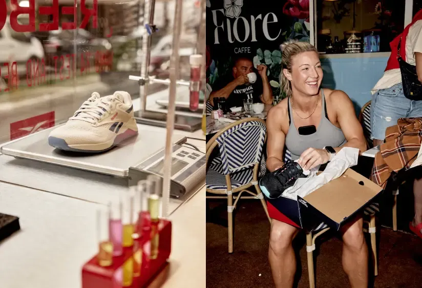 Split view showing a Reebok sneaker being weighed on a scale and a smiling woman holding a black shoe at a cafe.