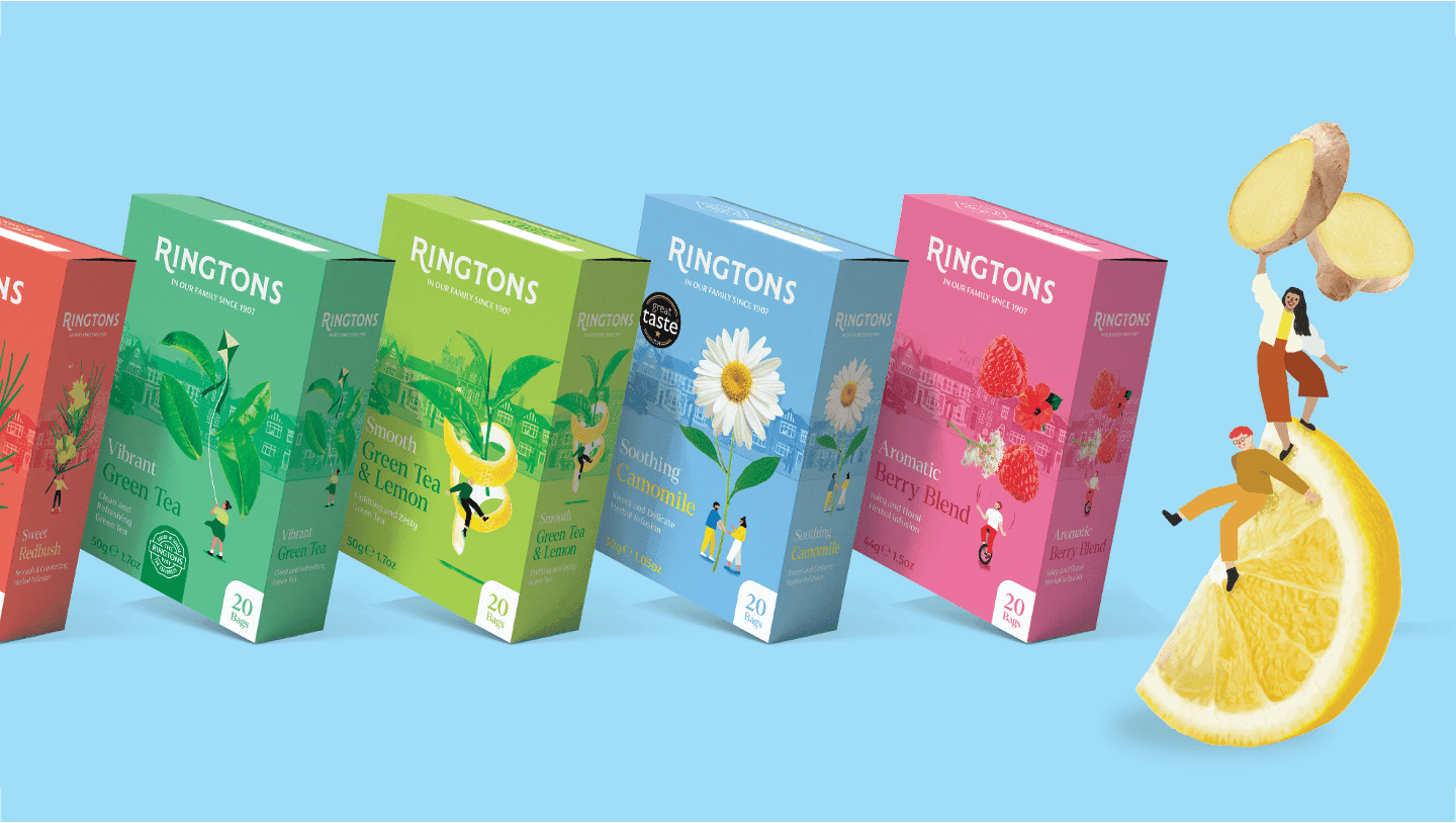Ringtons packaging on a blue background