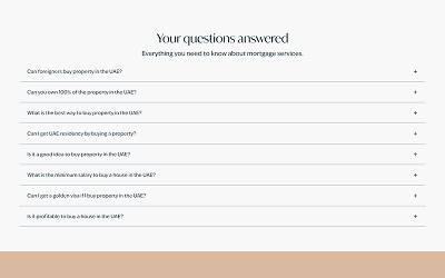 An FAQ section titled "Your questions answered" regarding mortgage services in the UAE.