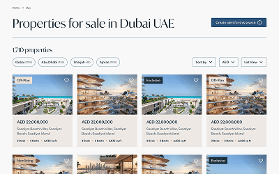 A web interface displaying multiple luxury villas and apartments for sale in Dubai, UAE.