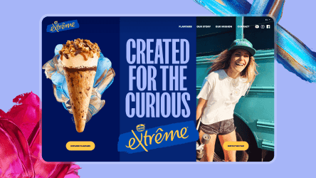 "Created for the Curious" banner featuring a large Extreme ice cream cone next to a smiling woman.