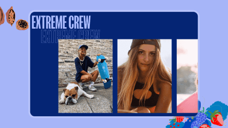 "Extreme Crew" section featuring a gallery of lifestyle photos, including a skateboarder with a dog.