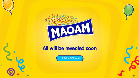 Yellow teaser graphic for Maoam's 25th birthday celebration featuring party balloons and confetti.
