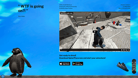 A website interface featuring game footage, a 3D penguin, and app store download links.