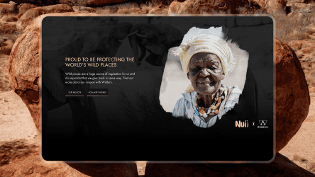 A website screen showing a portrait of a woman and text about Nuii's commitment to protecting wild places.