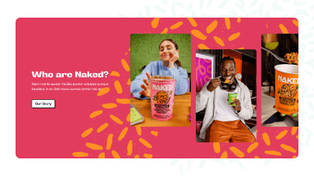 Red banner titled "Who are Naked?" featuring photos of diverse people enjoying noodle cups.