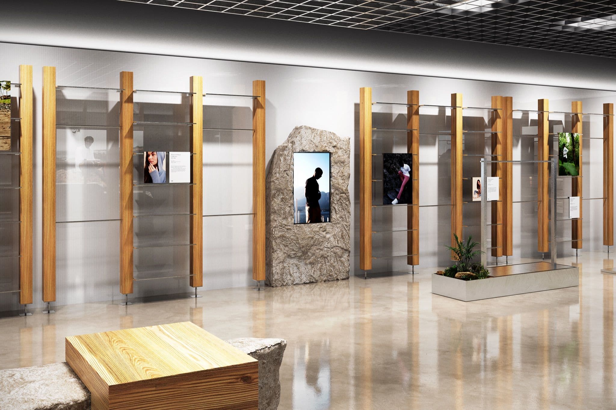 Interior of a high-end store featuring vertical wooden pillars.