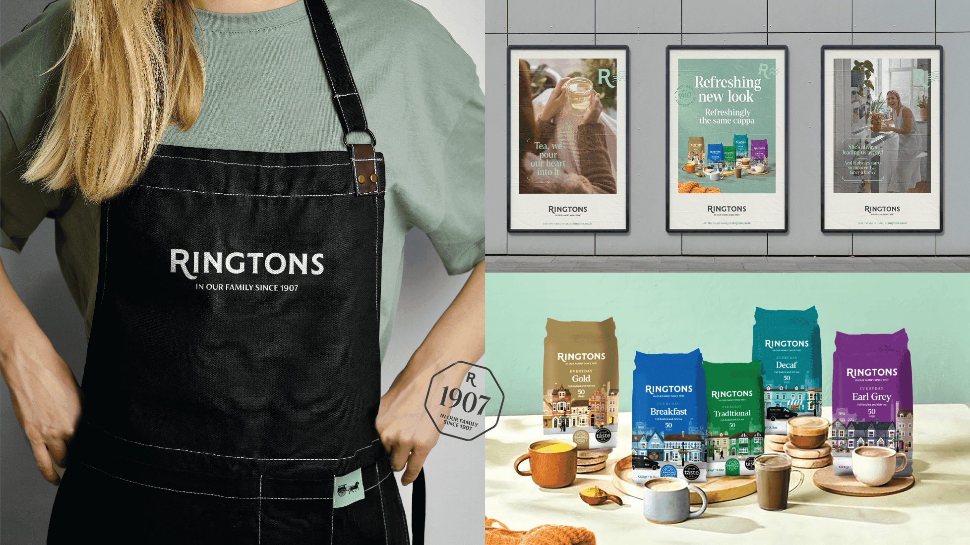 Collage showing a Ringtons branded black apron, framed posters, and a selection of tea packets.