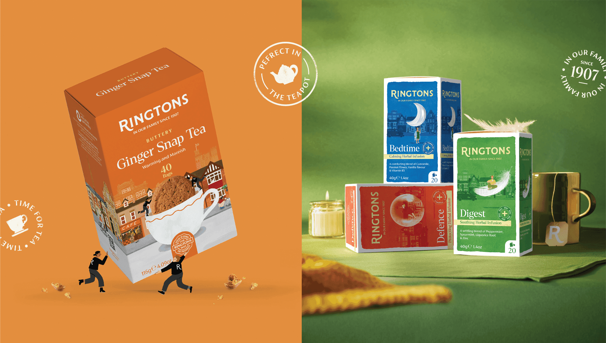 Group display of Ringtons Ginger Snap tea and herbal infusions (Bedtime, Digest, Defence) on a green surface.