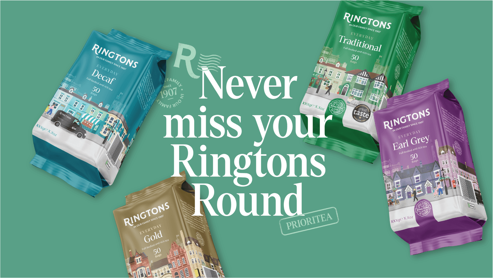 Floating Ringtons tea packets (Decaf, Gold, Traditional, Earl Grey) on a green background with "Never miss your Round" text.