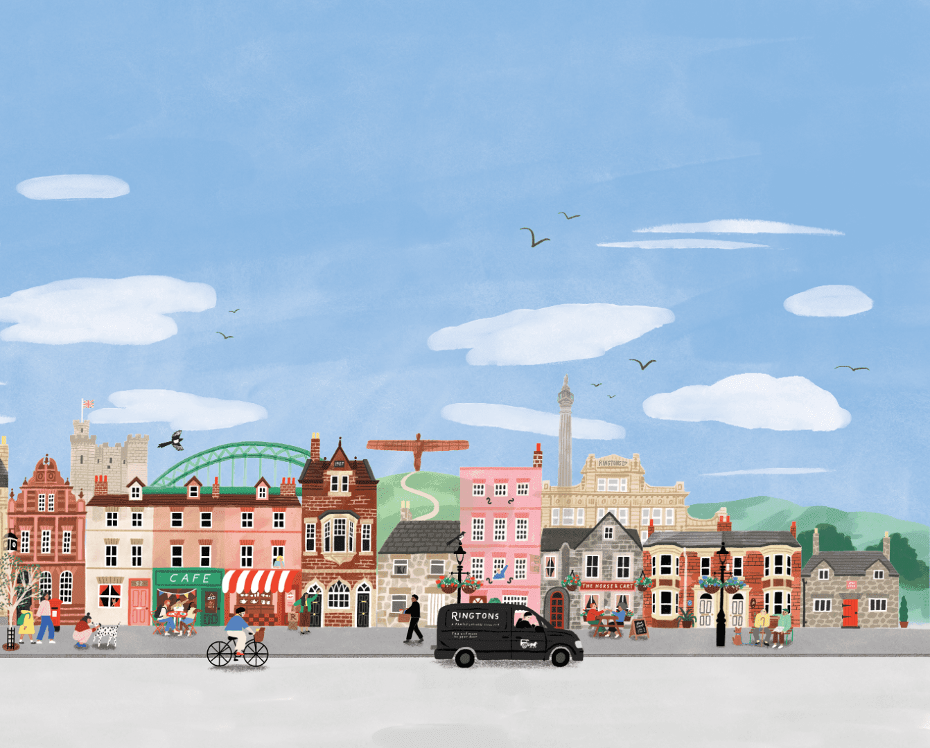 Illustrated street scene featuring a black Ringtons delivery van, townhouses, and the Angel of the North.