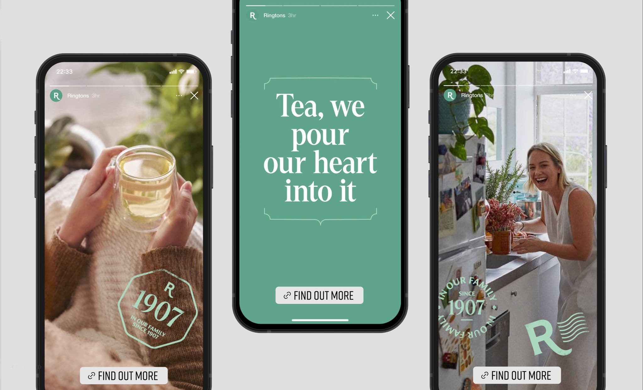 Three smartphone screens displaying Ringtons social media ads with the slogan "Tea, we pour our heart into it."