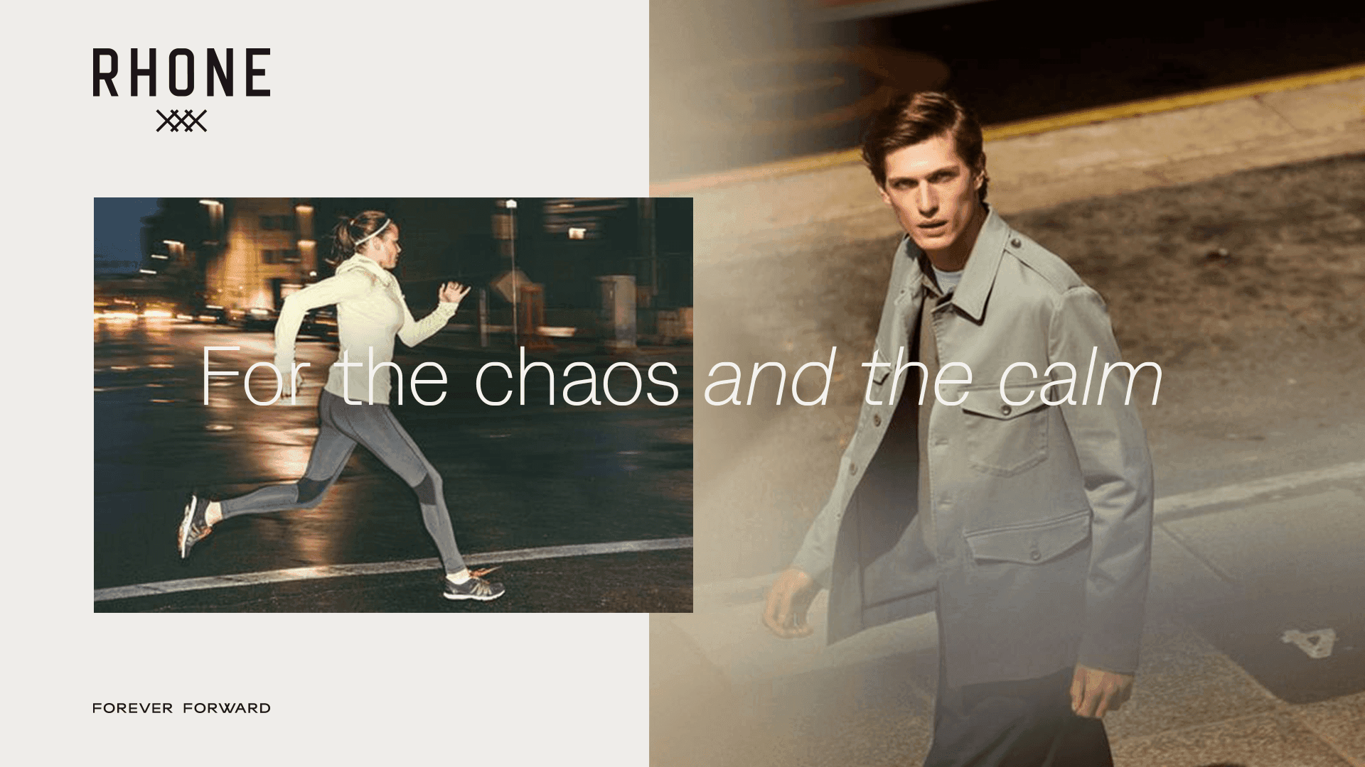 Lifestyle campaign imagery showing a woman running and a man in a stylish grey jacket.