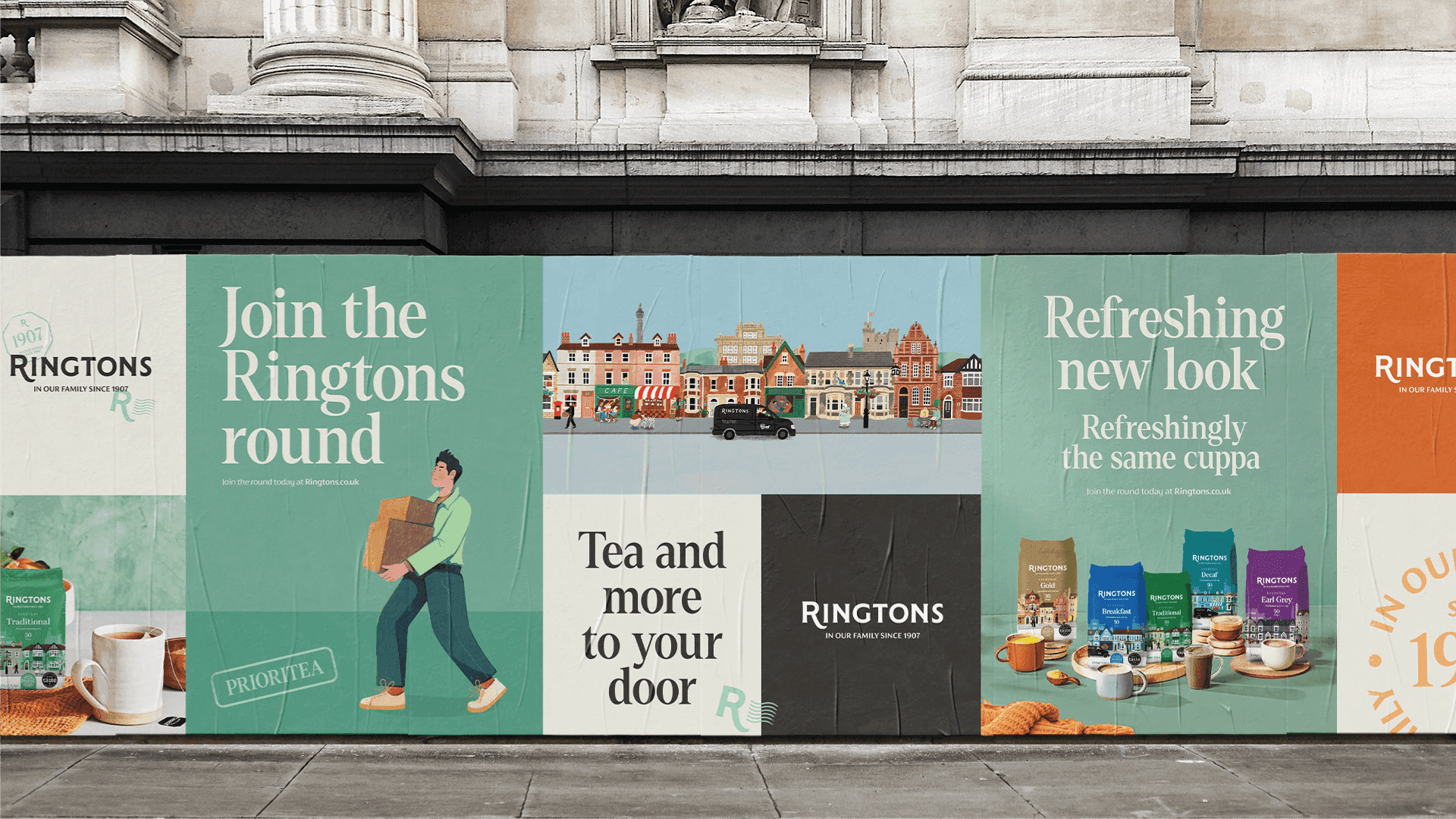 Wide outdoor hoarding featuring Ringtons "Join the round" campaign illustrations and product photos on a stone building.