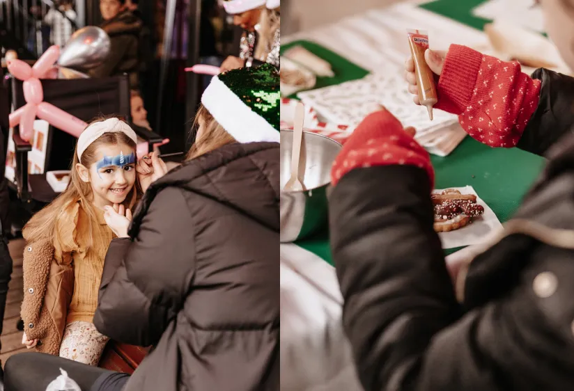 Children's activities including festive face painting and cookie decorating with icing.